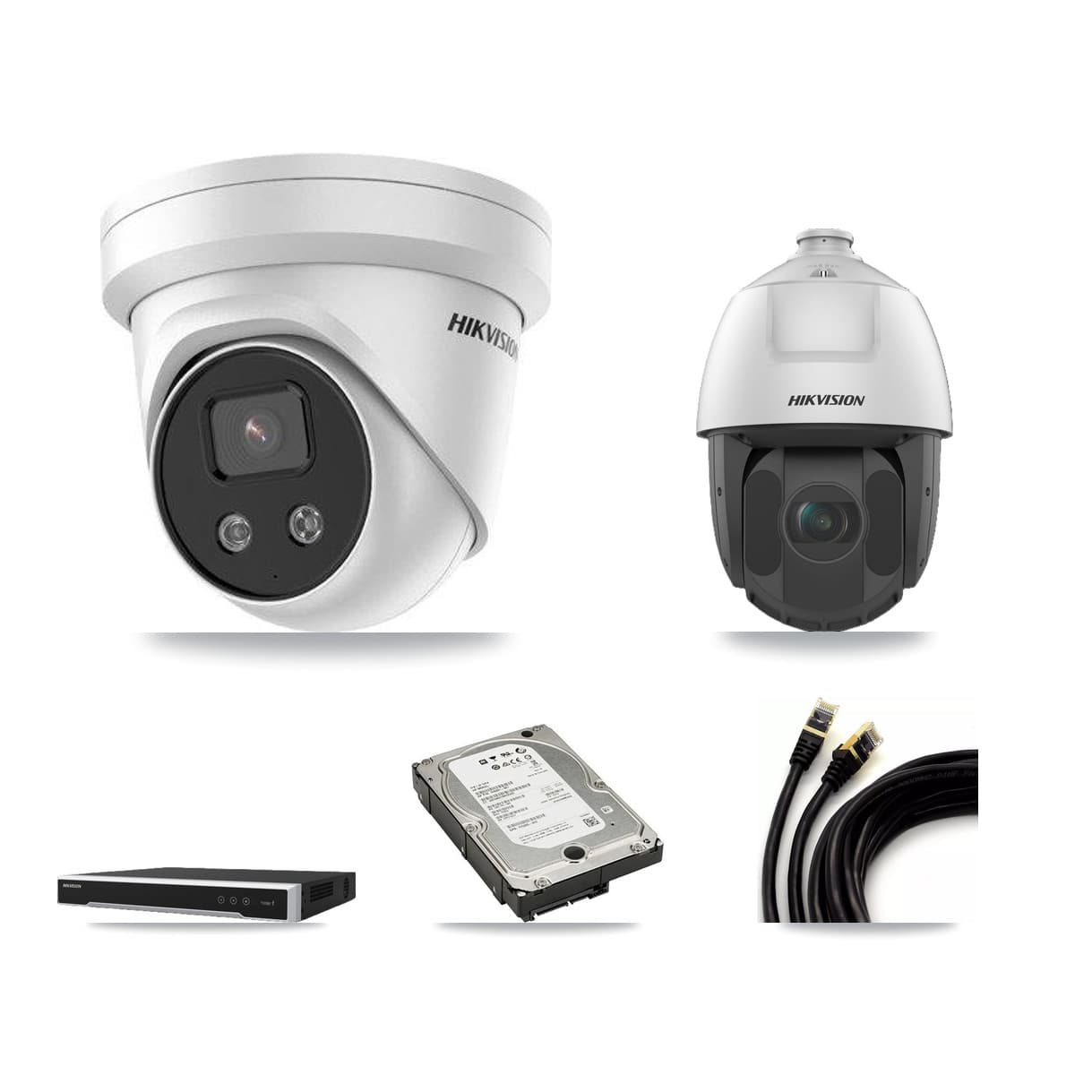 Hikvision 8-Channel 2MP – 5MP CCTV Kit — 3 5MP Turret + 1 2MP PTZ Cameras + 5TB Recording (DS-7608NI-M2 Recorder)