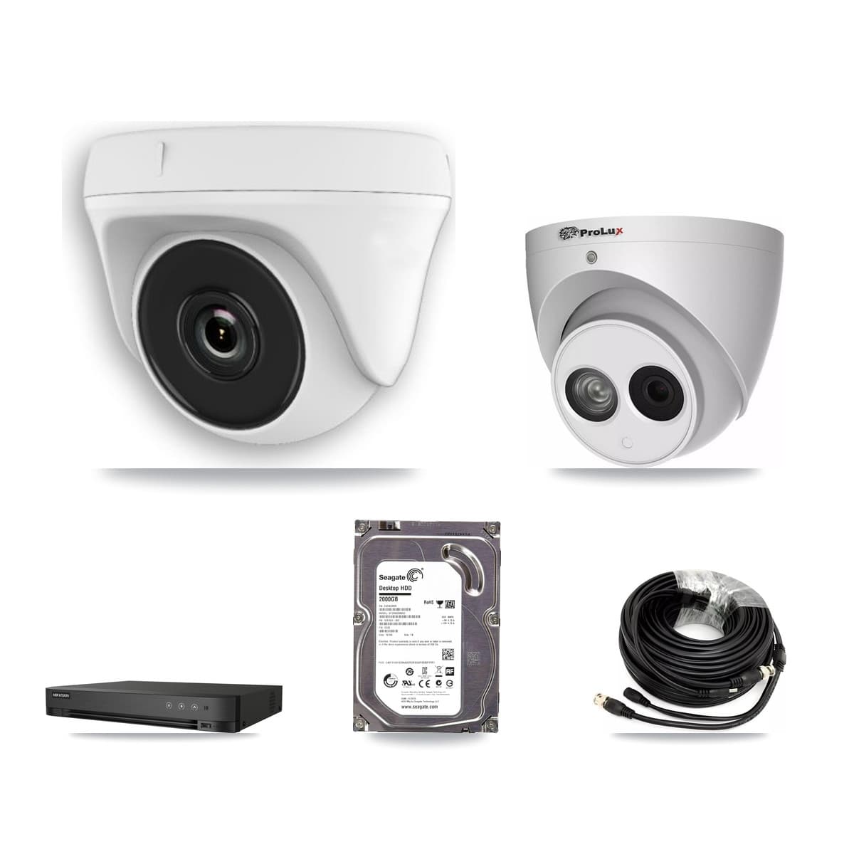 Prolux & Hikvision 4-Channel 2MP – 4MP CCTV Kit — 1 White 2MP Dome + 1 4MP Turret Cameras + 2TB Recording (DS-7204HUHI Recorder)