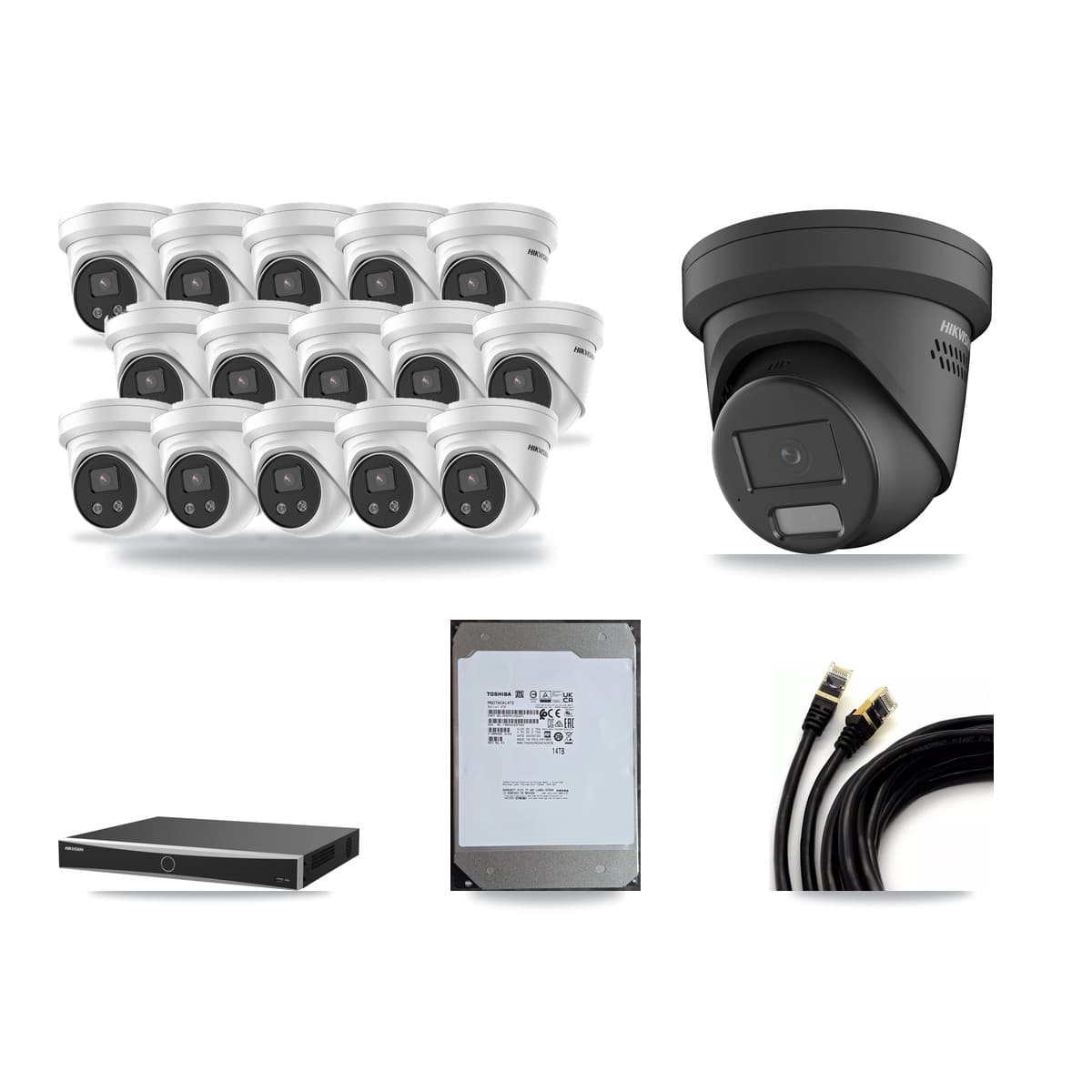 Hikvision 16-Channel 4MP – 5MP CCTV Kit — 1 Black 4MP + 15 5MP Turret Cameras + 14TB Recording (DS-7616NXI Recorder) - Image 1
