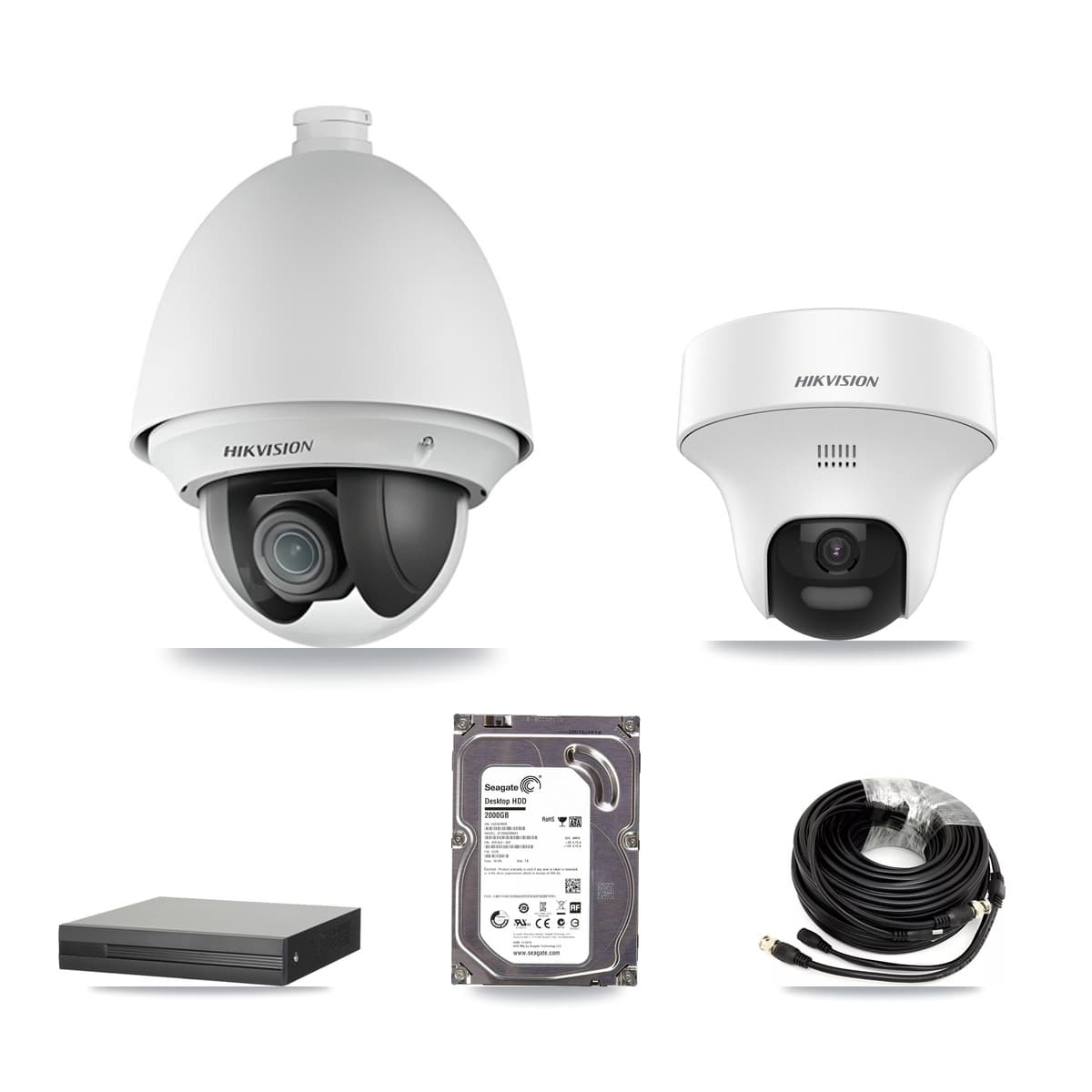 Hikvision 4-Channel 2MP – 5MP CCTV Kit — 1 DS-2AE4225T 2MP PTZ + 1 DS-2CE70K0T 5MP Turret Cameras + 2TB Recording (XVR-3104HS Recorder)