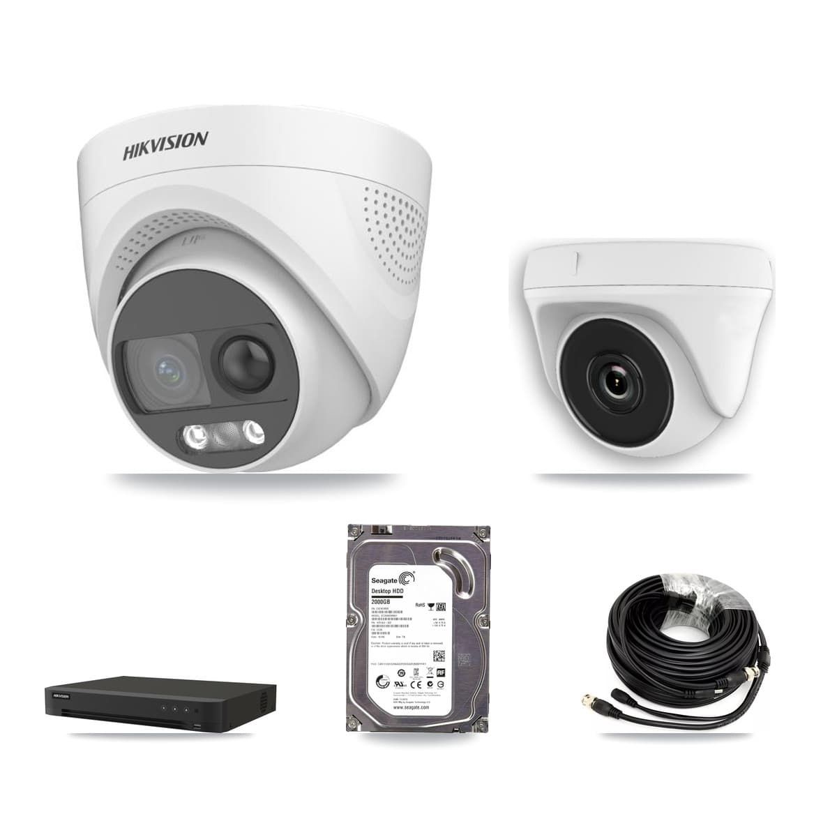 Hikvision 16-Channel 2MP – 5MP CCTV Kit — 1 DS-2CE72KF3T 5MP Turret + 1 White HDT-2MP-N20W 2MP Dome Cameras + 2TB Recording (IDS-7216HQHI Recorder)