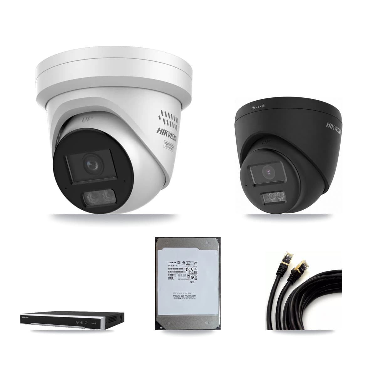 Hikvision 16-Channel 4MP – 4K CCTV Kit — 5 Black 4K + 10 4MP Turret Cameras + 2× 14TB Recording (DS-7616NI-M2 Recorder)