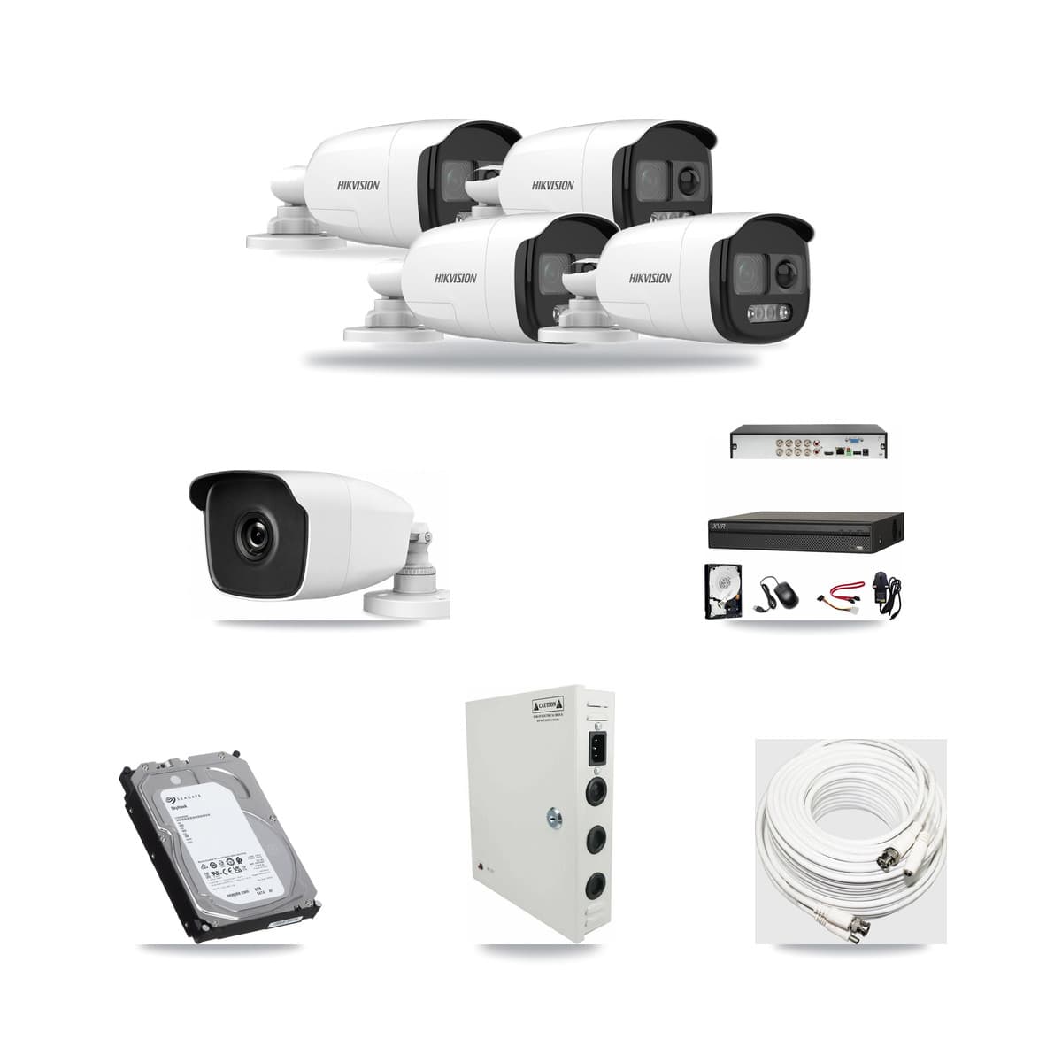 8-Channel 3MP – 5MP CCTV Kit — 4 Hikvision 5MP + 1 HiLook 3MP Bullet Cameras + 6TB Recording (XVR-3108AD Recorder) - Image 1
