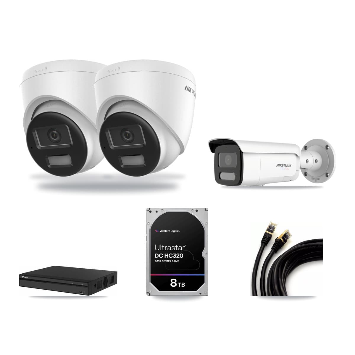 Hikvision & Prolux 4-Channel 4K CCTV Kit — 2 DS-2CD1383G2-LIUF/SL Turret + 1 White DS-2CD2T87G2H-LISU/SL-2.8MM-W Bullet Cameras + 8TB Recording (PXN-2104HS-4P-4K Recorder) - Image 1