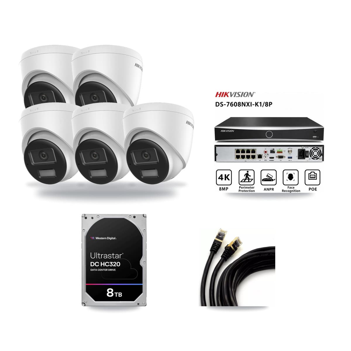 Hikvision 8-Channel 4K CCTV Kit — 5 DS-2CD1383G2-LIU Turret Cameras + 8TB Recording (DS-7608NXI-K1/8P Recorder) - Image 1