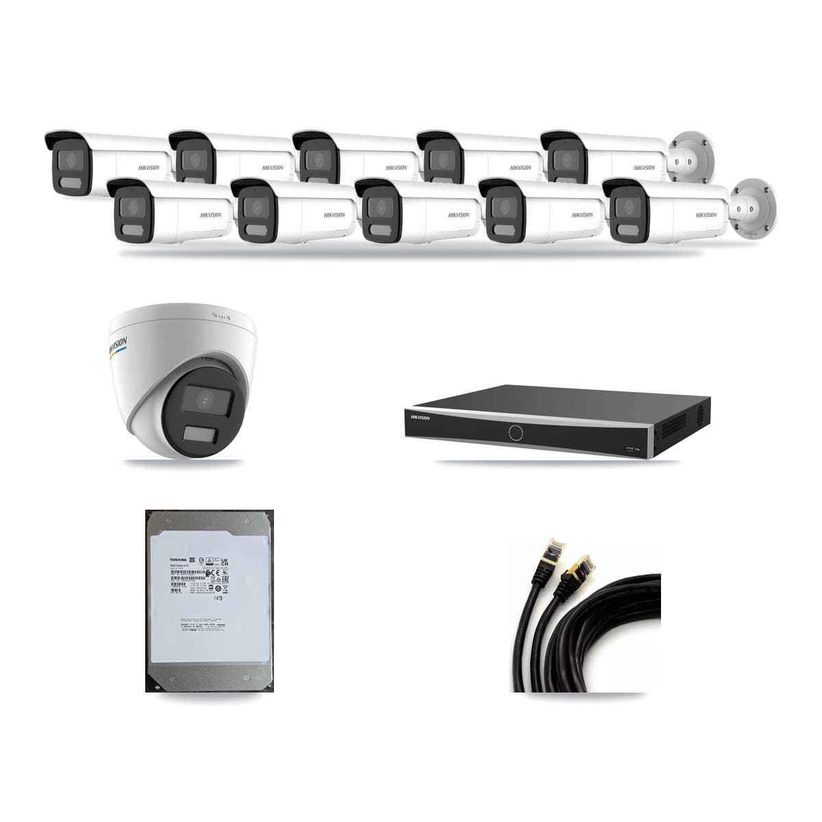 Hikvision 16-Channel 2MP – 4MP CCTV Kit — 1 2MP Turret + 10 4MP Bullet Cameras + 14TB Recording (DS-7616NXI Recorder) - Image 1