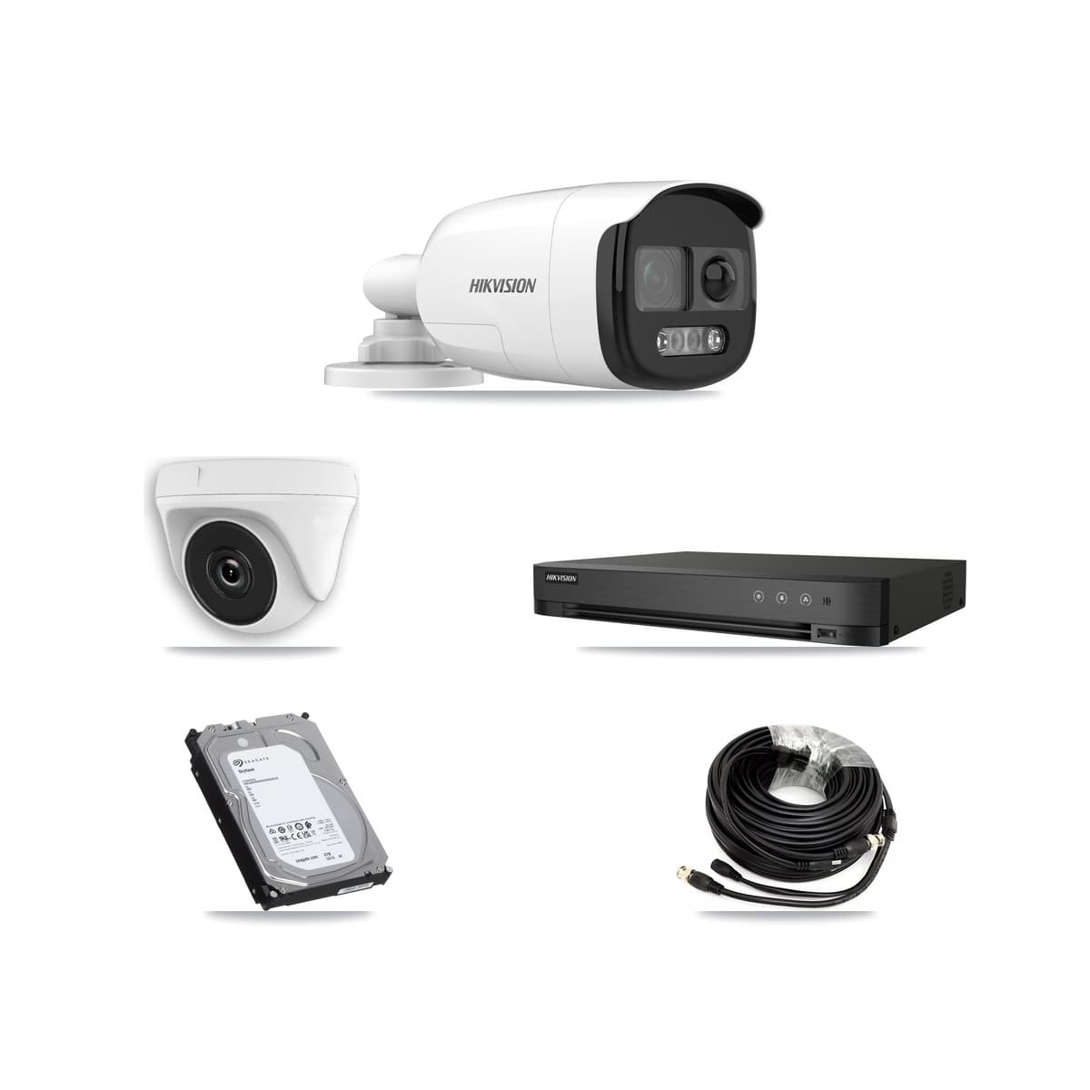 Hikvision 4-Channel 2MP – 5MP CCTV Kit — 3 DS-2CE12KF3T 5MP Bullet + 1 White HDT-2MP-N20W 2MP Dome Cameras + 6TB Recording (IDS-7204HUHI Recorder)