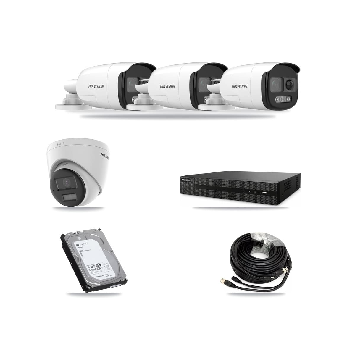 Hikvision 8-Channel 5MP – 4K CCTV Kit — 3 DS-2CE12KF3T 5MP Bullet + 1 DS-2CE78U0T 4K Turret Cameras + 6TB Recording (DVR-8CH Recorder) - Image 1