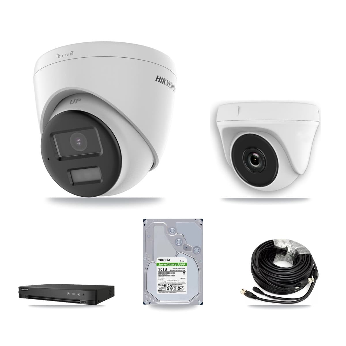 Hikvision 8-Channel 2MP – 4K CCTV Kit — 3 DS-2CE78U0T-LPTS 4K Turret + 3 White HDT-2MP-N20W-2.8MM 2MP Dome Cameras + 10TB Recording (IDS-7208HUHI-M1/E Recorder)