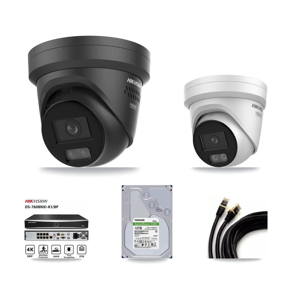 Hikvision 8-Channel 4K CCTV Kit — 1 DS-2CD2387G3 + 4 Black DS-2CD2387G3 Turret Cameras + 10TB Recording - Image 1