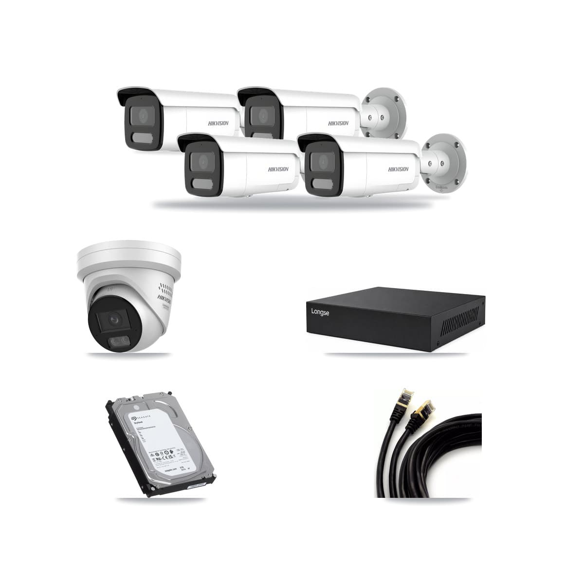 Hikvision & Longse 8-Channel 4MP CCTV Kit — 1 DS-2CD2347G3 Turret + 4 DS-2CD2T47G2H Bullet Cameras + 6TB Recording - Image 1