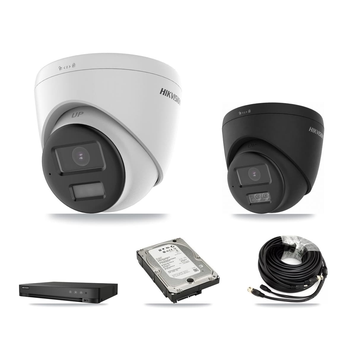 Hikvision 4-Channel 5MP – 4K CCTV Kit — 2 DS-2CE78K0T-LPTS 5MP + 1 Black DS-2CE78U0T-LTS-BLACK 4K Turret Cameras + 5TB Recording (DS-7204HUHI-K1/P Recorder)