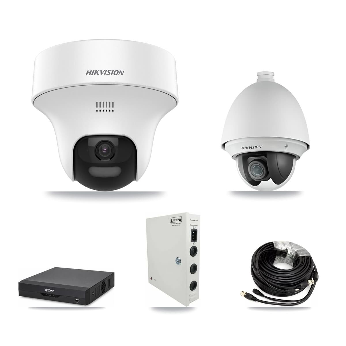 Hikvision & Dahua 4-Channel 2MP – 5MP CCTV Kit — 1 DS-2AE4225T 2MP PTZ + 2 DS-2CE70K0T 5MP Turret Cameras + 3TB Recording
