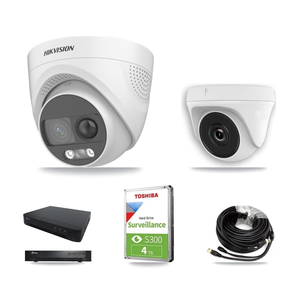 Hikvision & Prolux 16-Channel 2MP – 5MP CCTV Kit — 2 DS-2CE72KF3T 5MP Turret + 2 White HDT-2MP-N20W 2MP Dome Cameras + 4TB Recording