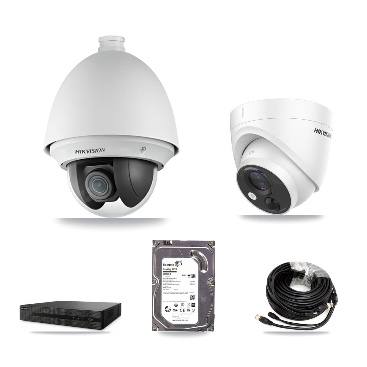 Hikvision 8-Channel 2MP – 5MP CCTV Kit — 1 DS-2AE4225T 2MP PTZ + 1 DS-2CE71H0T 5MP Turret Cameras + 2TB Recording (DVR-8CH Recorder)