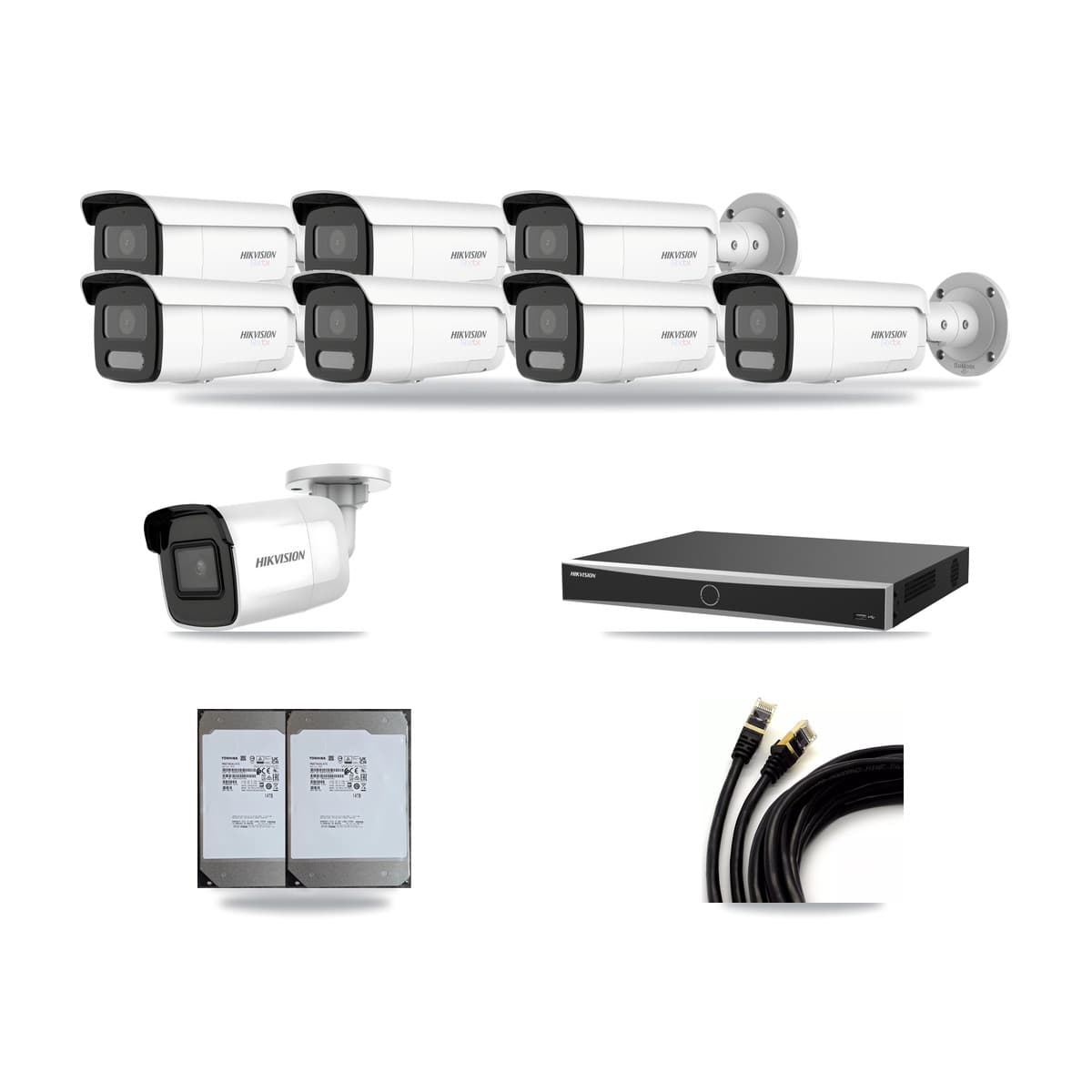 Hikvision 16-Channel 4K CCTV Kit — 1 DS-2CD2085G1 + 7 White DS-2CD2T87G2H Bullet Cameras + 2× 14TB Recording (DS-7616NXI Recorder) - Image 1