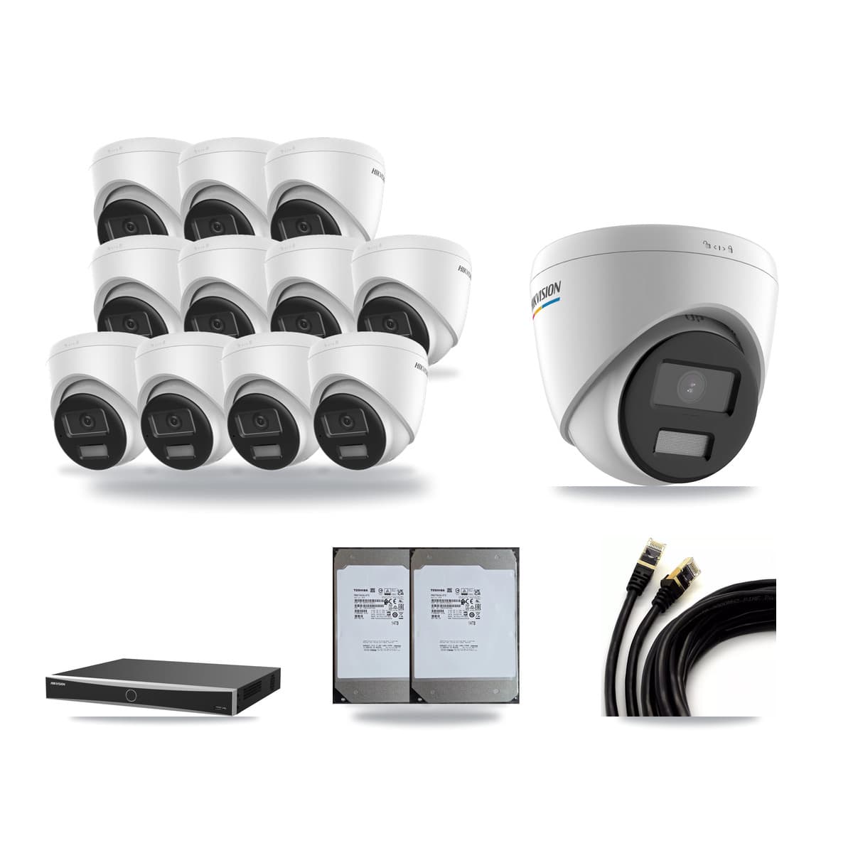 Hikvision 16-channel CCTV kit: 12 cameras (11× 4K Turret + 1× 2MP Turret), 2× 14TB hard drive