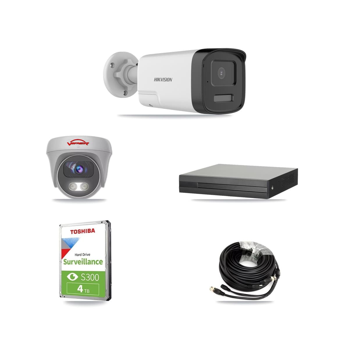 Hikvision & Viper 4-Channel 5MP CCTV Kit — 2 DS-2CE17K0T Bullet + 1 White VIPER-5MP-3K Cameras + 4TB Recording (XVR-3104HS Recorder)
