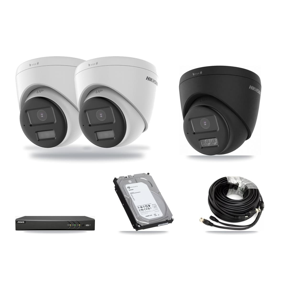 Hikvision & ANNKE 4-Channel 5MP – 4K CCTV Kit — 2 DS-2CE78K0T-LPTS 5MP + 1 Black DS-2CE78U0T-LTS-BLACK 4K Turret Cameras + 6TB Recording (AN-DV4-8MP-D941BB Recorder) - Image 1