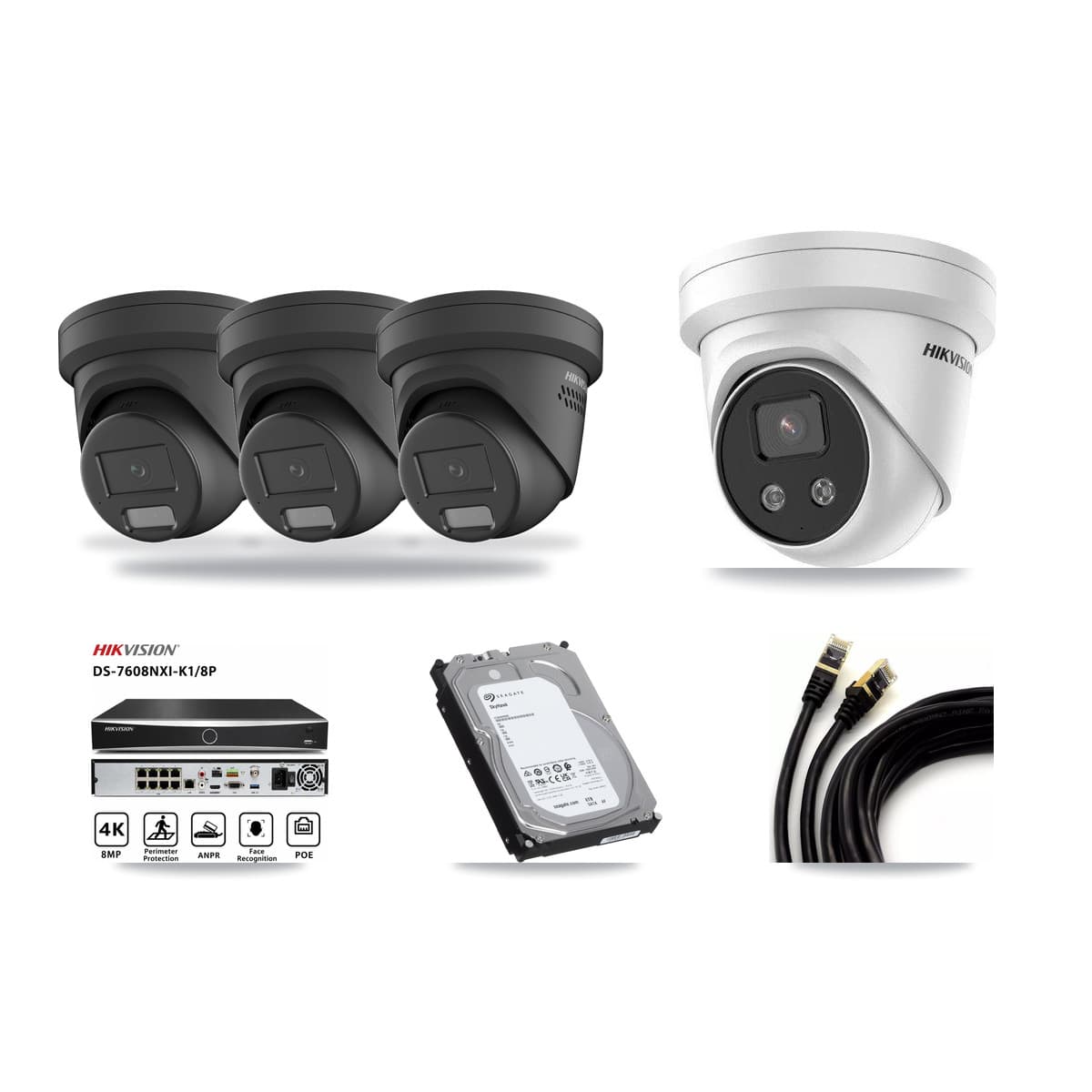 Hikvision 8-Channel 4MP – 5MP CCTV Kit — 3 Black 4MP + 1 5MP Turret Cameras + 6TB Recording (DS-7608NXI Recorder) - Image 1