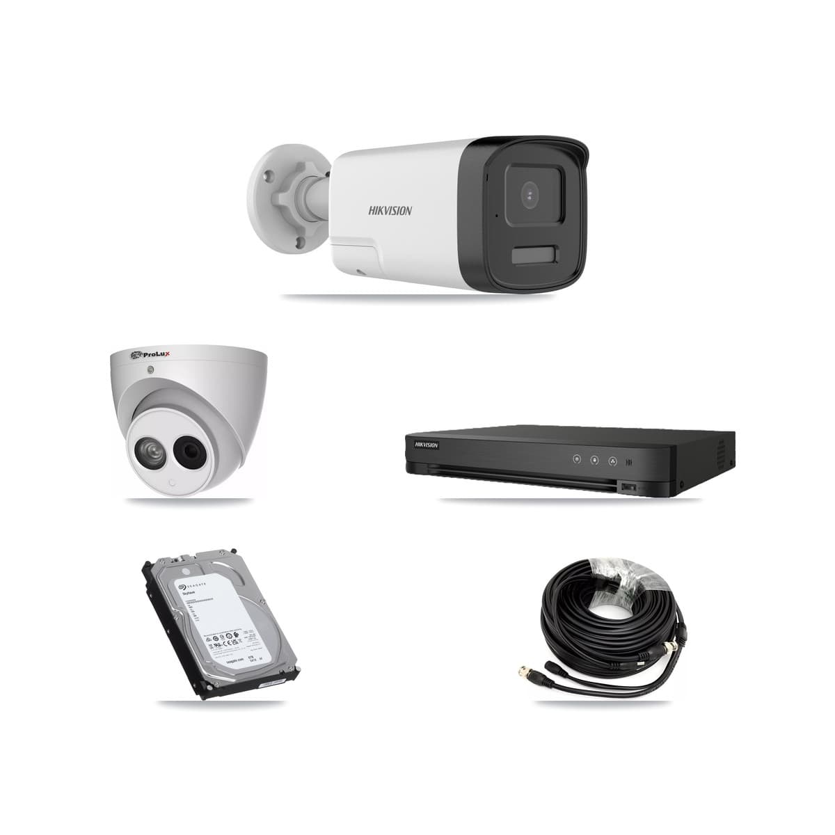 Hikvision & Prolux 8-Channel 4MP – 5MP CCTV Kit — 4 DS-2CE17K0T-LXTS 5MP Bullet + 1 PXC-612C4W-A-POC 4MP Turret Cameras + 6TB Recording (IDS-7208HUHI-M1/E Recorder)