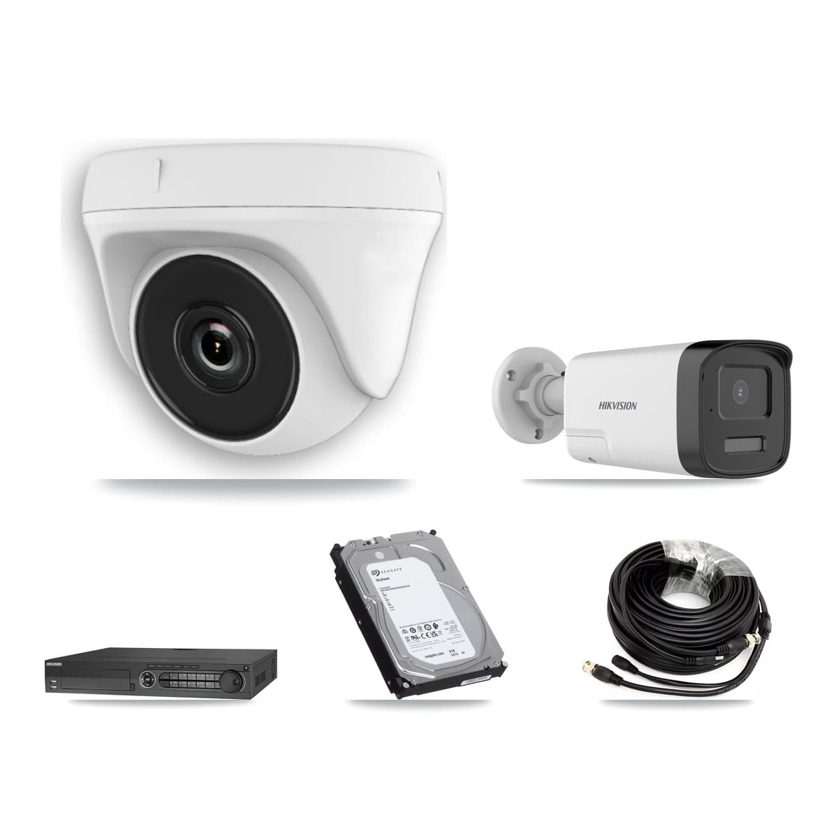 Hikvision 32-Channel 2MP – 5MP CCTV Kit — 1 DS-2CE17K0T 5MP Bullet + 7 White HDT-2MP-N20W 2MP Dome Cameras + 6TB Recording (IDS-7332HUHI Recorder)