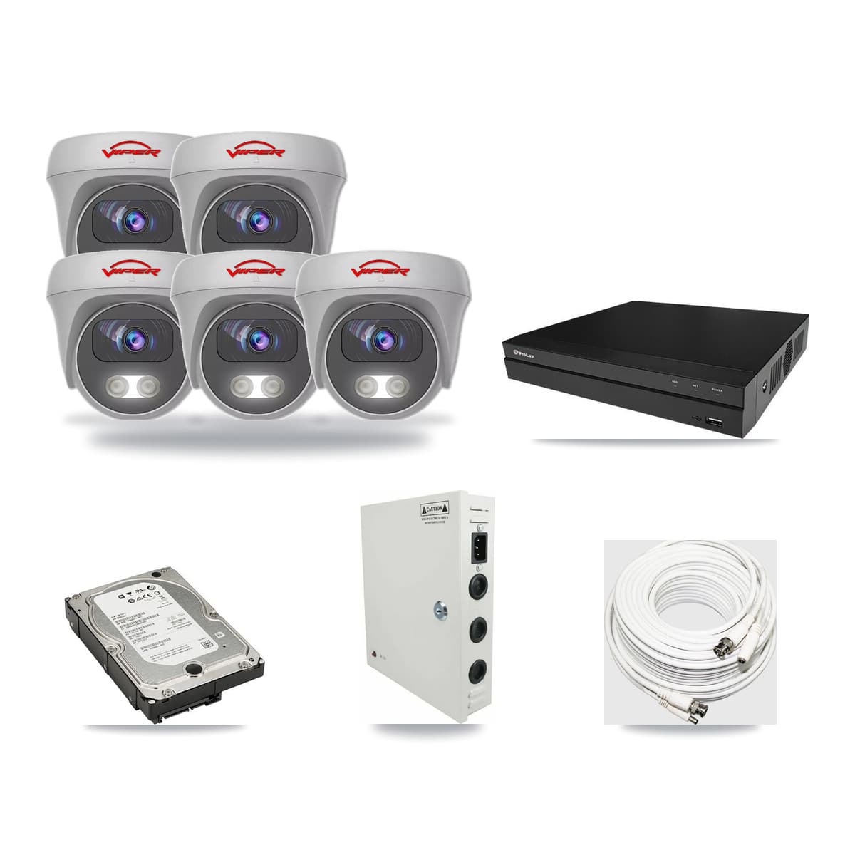 Viper & Prolux 8-Channel 5MP CCTV Kit — 5 White Cameras + 5TB Recording (PXD-5208AN Recorder) - Image 1