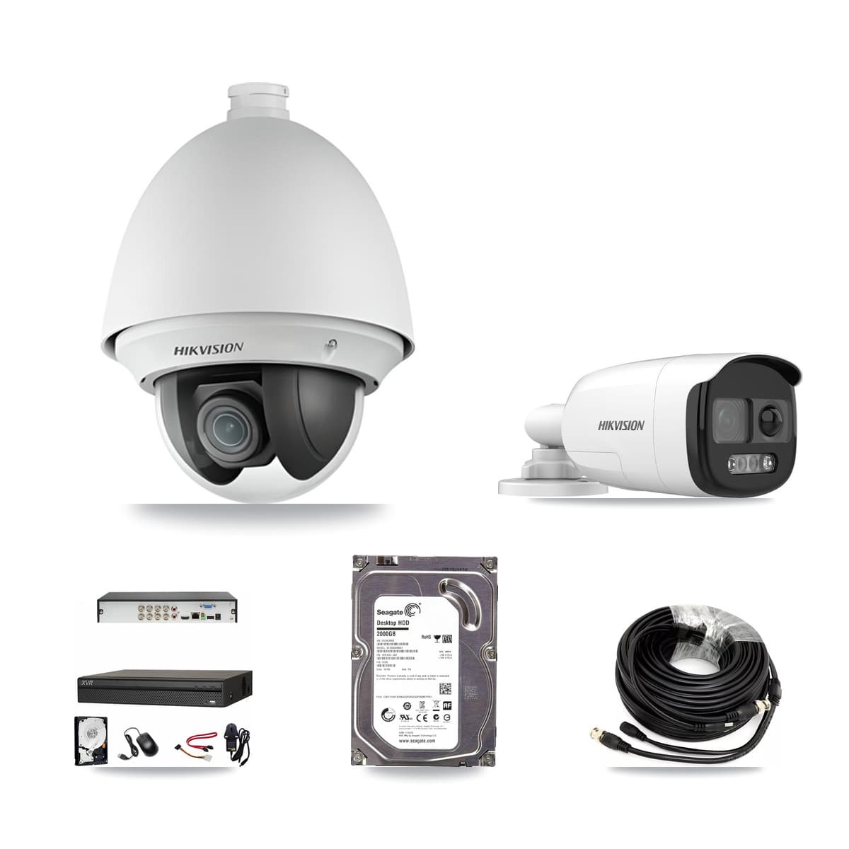 Hikvision & Dahua 8-Channel 2MP – 5MP CCTV Kit — 1 DS-2AE4225T 2MP PTZ + 1 DS-2CE12KF3T 5MP Bullet Cameras + 2TB Recording (XVR-3108AD Recorder)