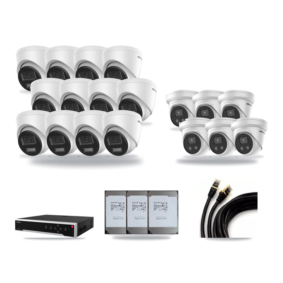 Hikvision 32-Channel 5MP – 4K CCTV Kit — 12 DS-2CD1383G2-LIUF/SL 4K + 6 DS-2CD3356G2-ISU 5MP Turret Cameras + 3× 14TB Recording (DS-7732NI-M4/24P Recorder) - Image 1