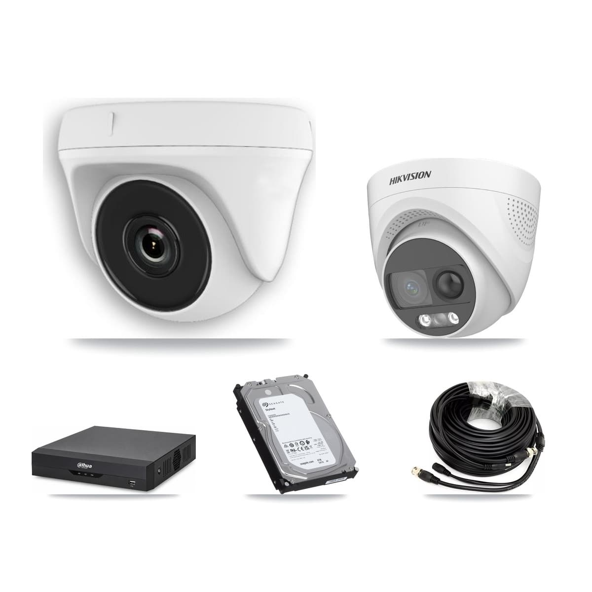 Hikvision & Dahua 4-Channel 2MP – 5MP CCTV Kit — 1 DS-2CE72KF3T 5MP Turret + 3 White HDT-2MP-N20W 2MP Dome Cameras + 6TB Recording