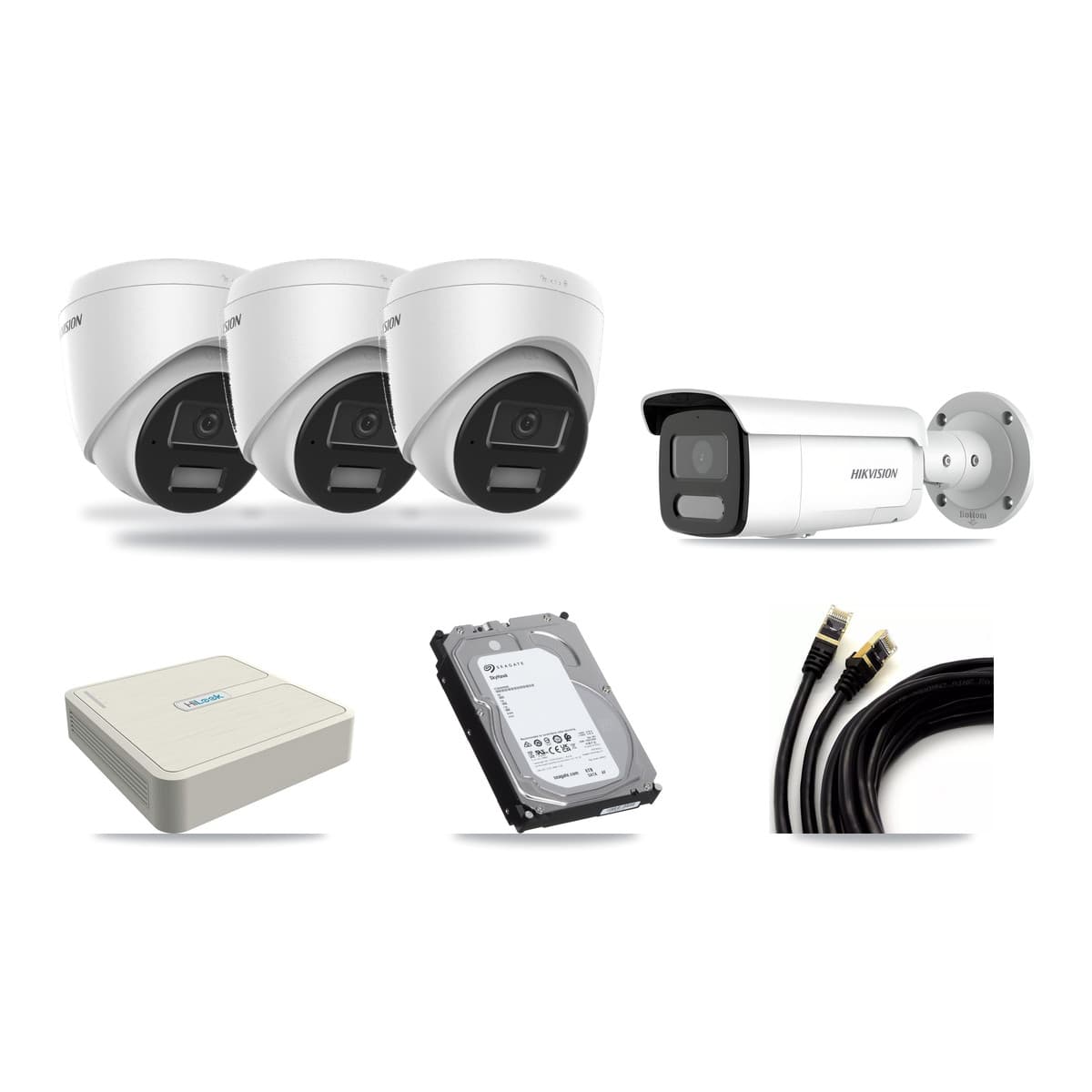 Hikvision & HiLook 8-Channel 4MP CCTV Kit — 3 DS-2CD1343G2 Turret + 1 DS-2CD2T47G2H Bullet Cameras + 6TB Recording (NVR-108H-D Recorder) - Image 1