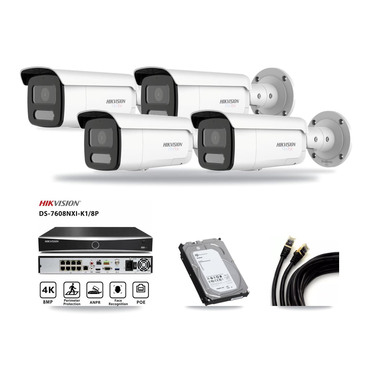 Hikvision 8-Channel 4K CCTV Kit — 4 White Bullet Cameras + 6TB Recording (DS-7608NXI Recorder) - Image 1