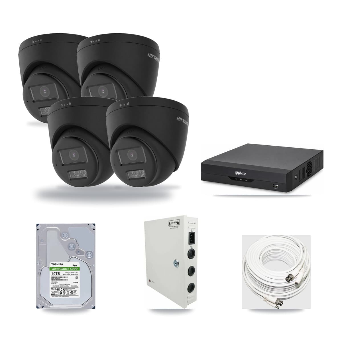Hikvision & Dahua 4-Channel 4K CCTV Kit — 4 Black Turret Cameras + 10TB Recording - Image 1