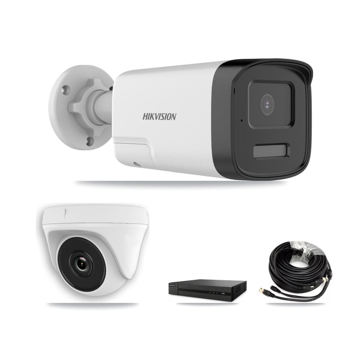 Hikvision 8-Channel 2MP – 5MP CCTV Kit — 2 DS-2CE17K0T 5MP Bullet + 1 White HDT-2MP-N20W 2MP Dome Cameras + 3TB Recording (DVR-8CH Recorder)