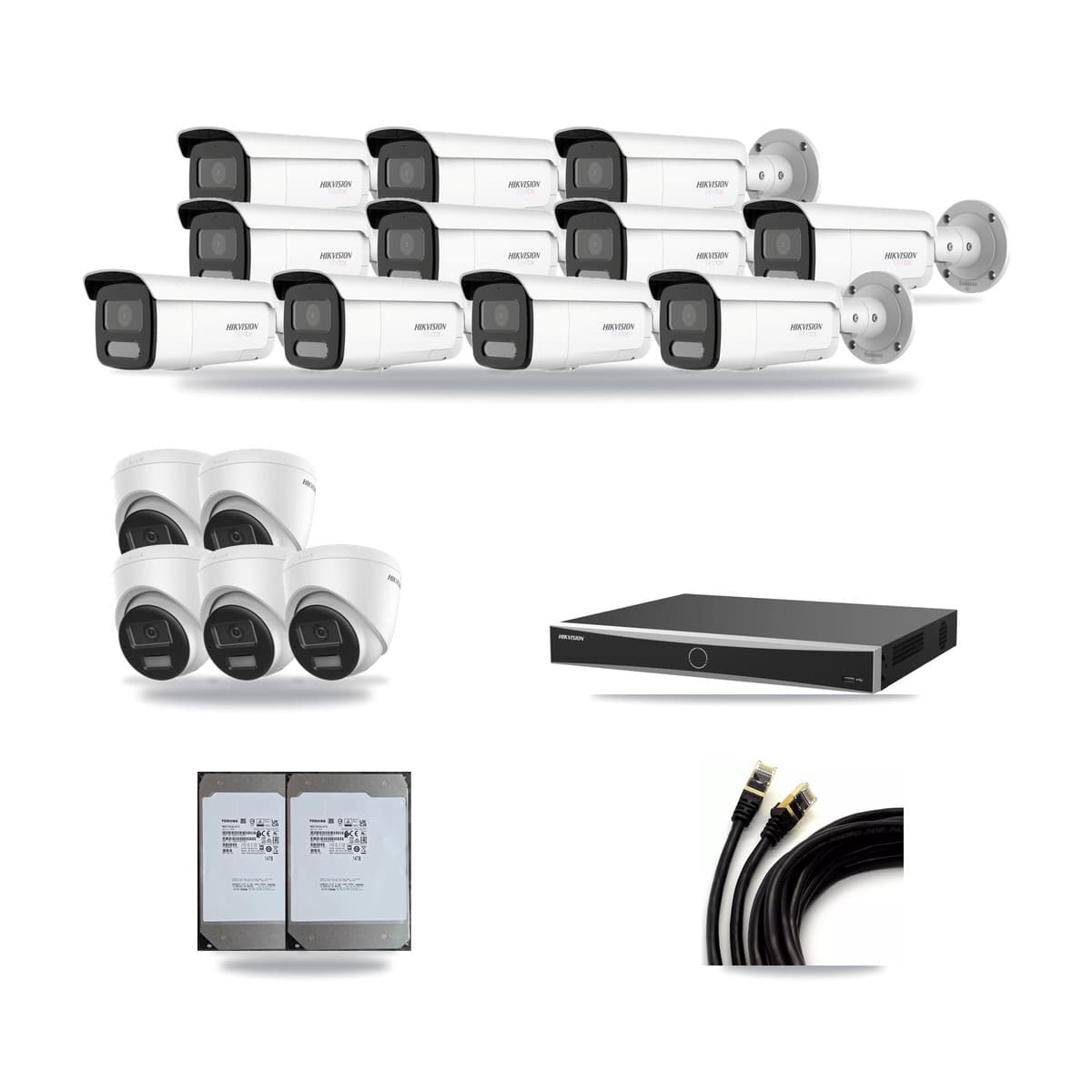 Hikvision 16-Channel 4K CCTV Kit — 5 DS-2CD1383G2-LIUF/SL Turret + 11 White DS-2CD2T87G2H-LISU/SL-2.8MM-W Bullet Cameras + 2× 14TB Recording (DS-7616NXI-K2/16P(E) Recorder) - Image 1