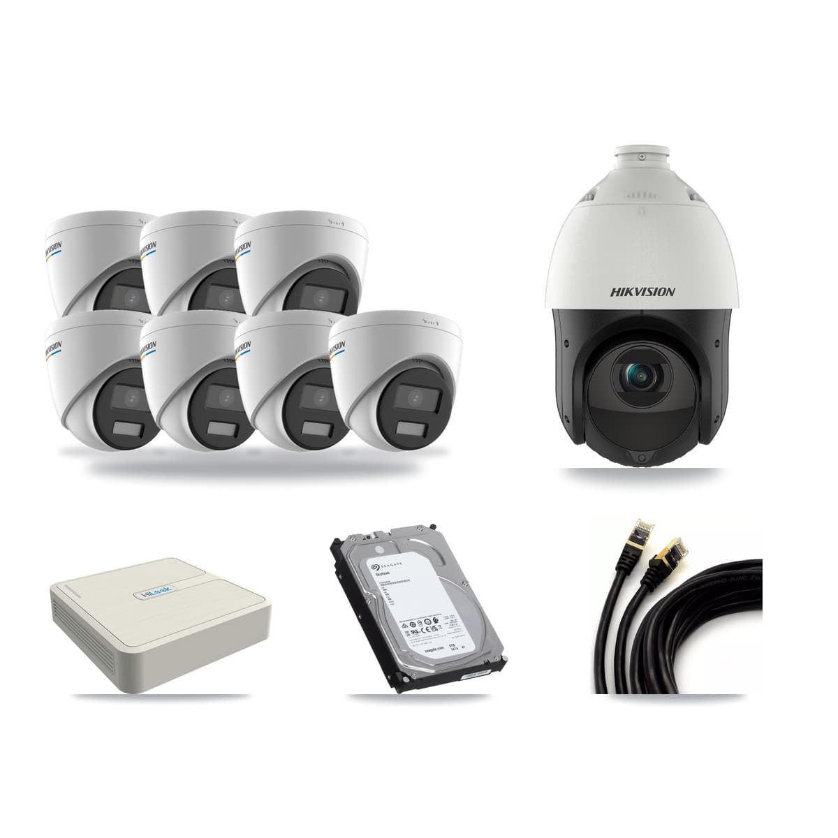 Hikvision & HiLook 8-Channel 2MP – 4MP CCTV Kit — 7 2MP Turret + 1 4MP PTZ Cameras + 6TB Recording (NVR-108H-D Recorder) - Image 1