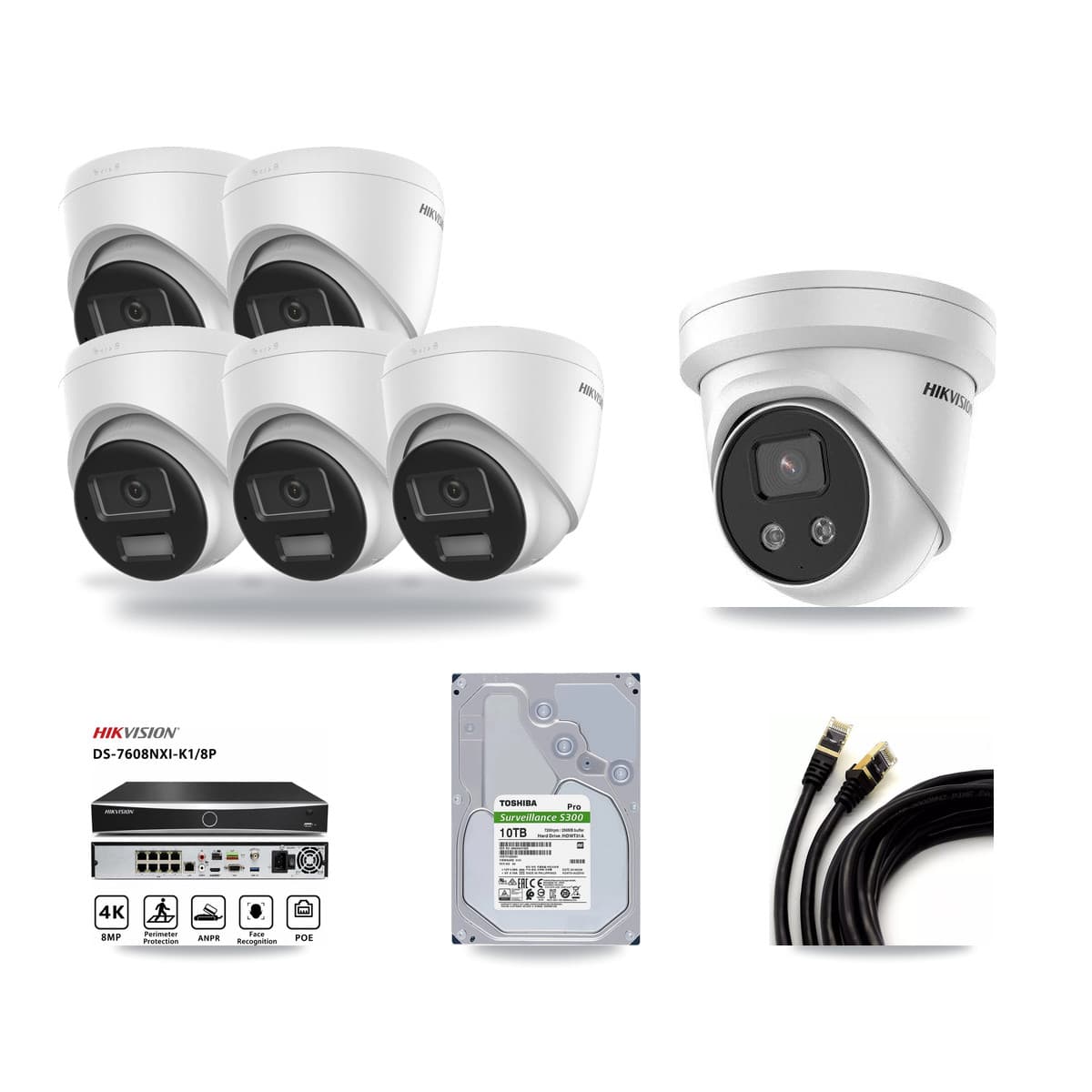 Hikvision 8-Channel 5MP – 4K CCTV Kit — 5 DS-2CD1383G2-LIU 4K + 1 DS-2CD3356G2-ISU 5MP Turret Cameras + 10TB Recording (DS-7608NXI-K1/8P Recorder) - Image 1