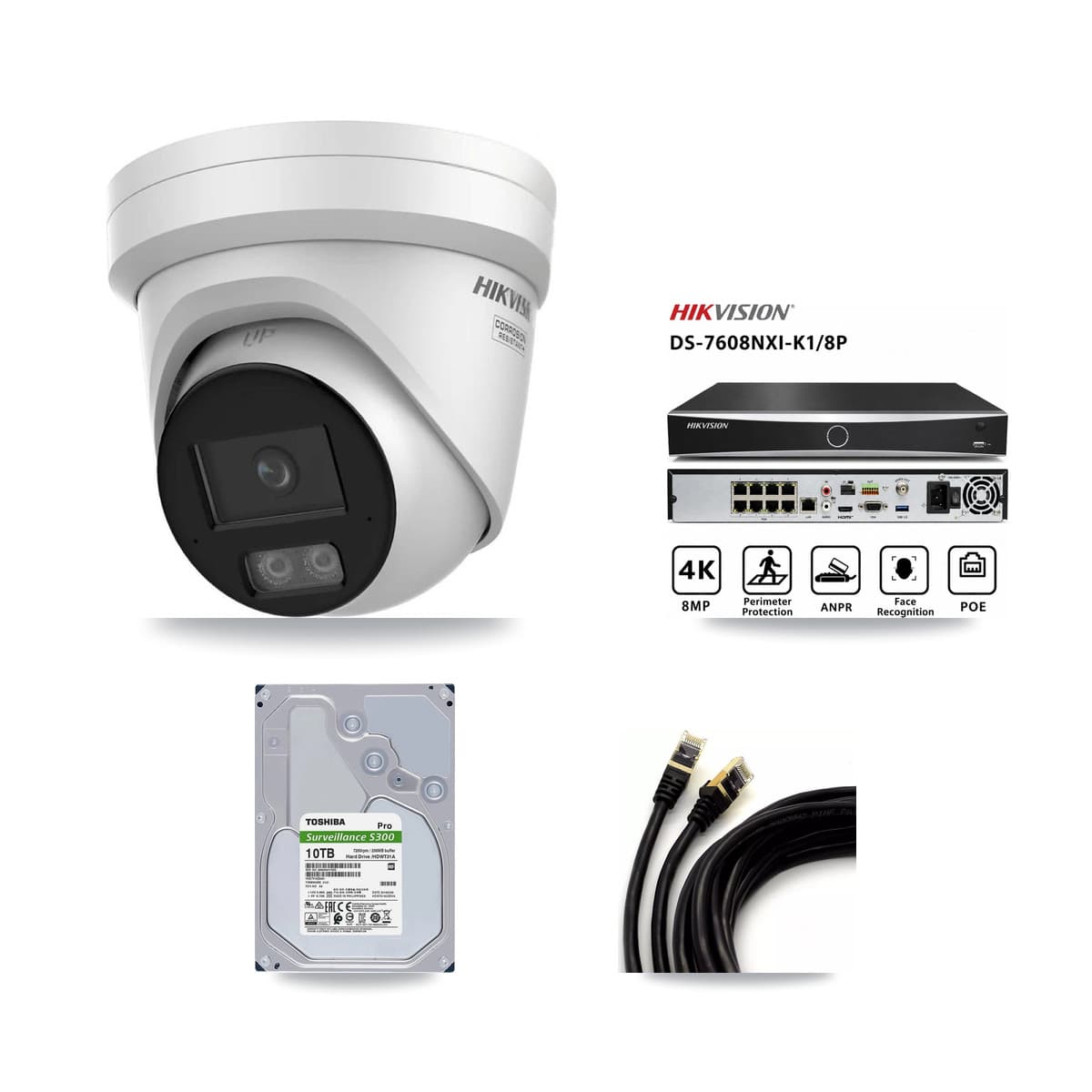 Hikvision 8-Channel 4K CCTV Kit — 4 DS-2CD2387G3 Turret Cameras + 10TB Recording (DS-7608NXI Recorder)