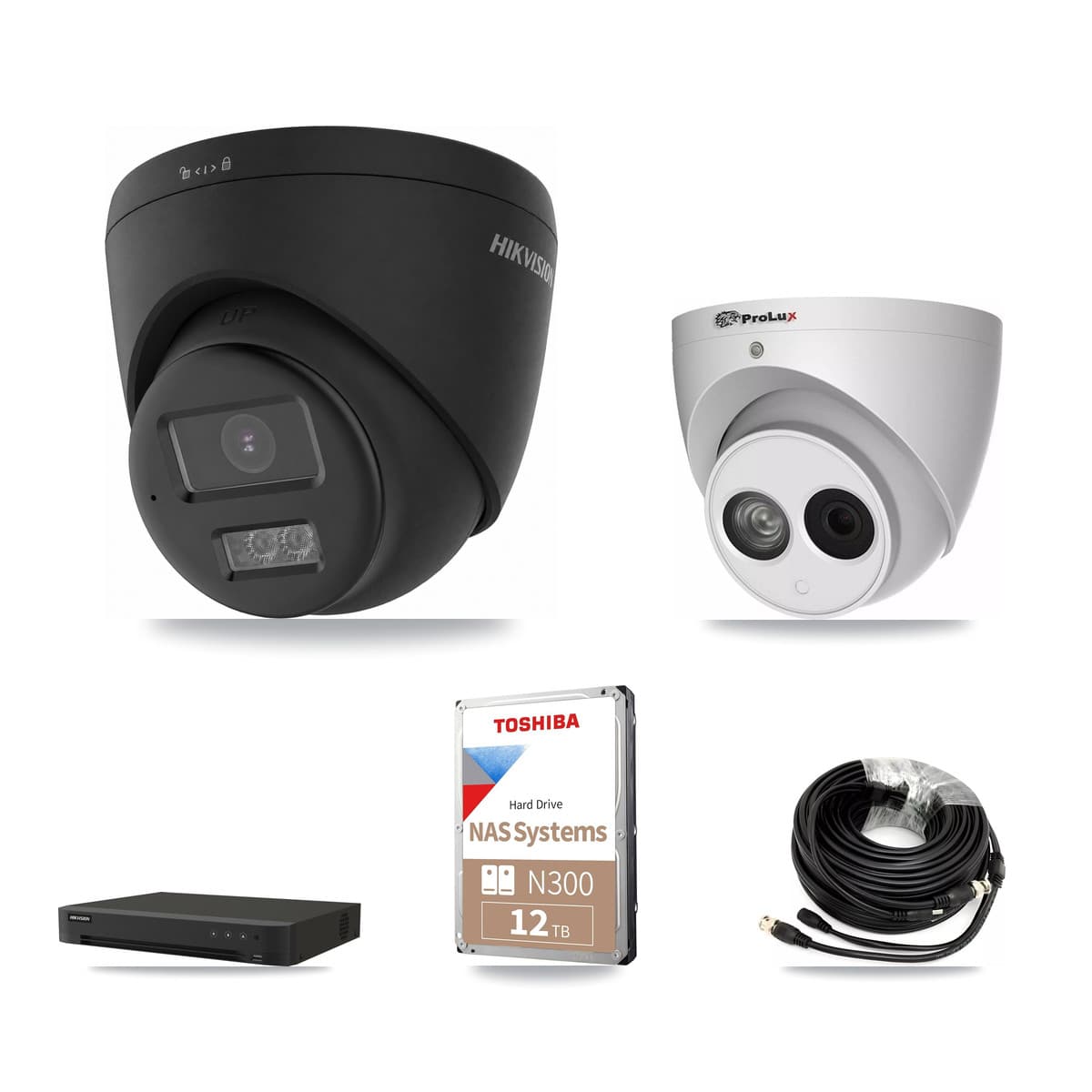 Hikvision & Prolux 8-Channel 4MP – 4K CCTV Kit — 6 Black 4K + 1 4MP Turret Cameras + 12TB Recording
