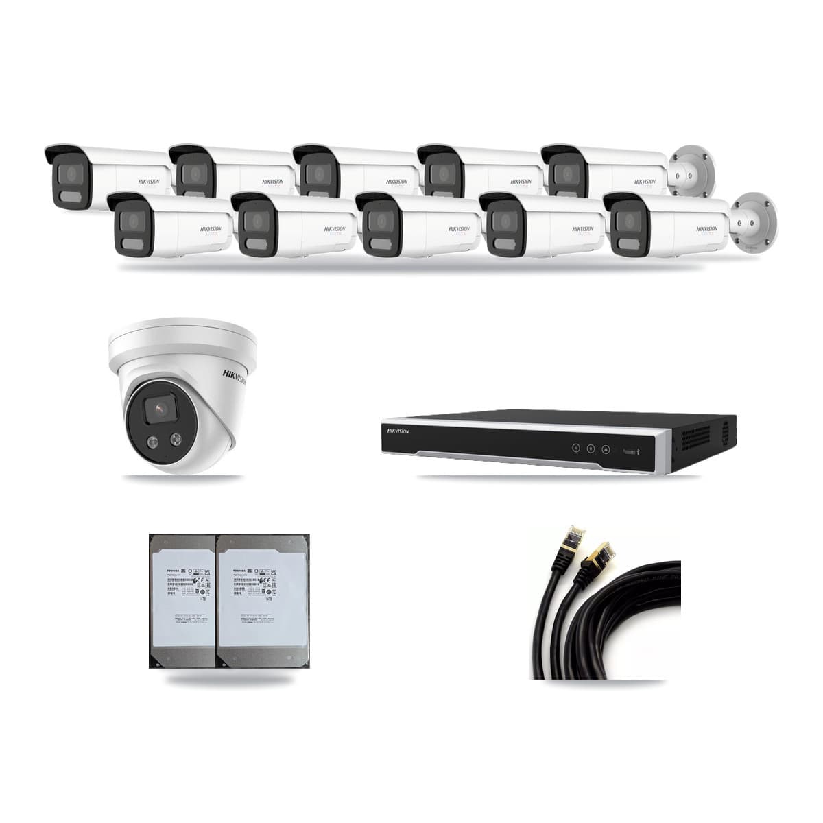 Hikvision 16-Channel 5MP – 4K CCTV Kit — 10 White 4K Bullet + 1 5MP Turret Cameras + 2× 14TB Recording (DS-7616NI-M2 Recorder) - Image 1