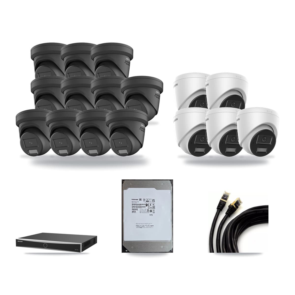 Hikvision 16-Channel 4MP CCTV Kit — 5 DS-2CD1343G2 + 11 Black DS-2CD2347G2 Turret Cameras + 14TB Recording (DS-7616NXI Recorder) - Image 1