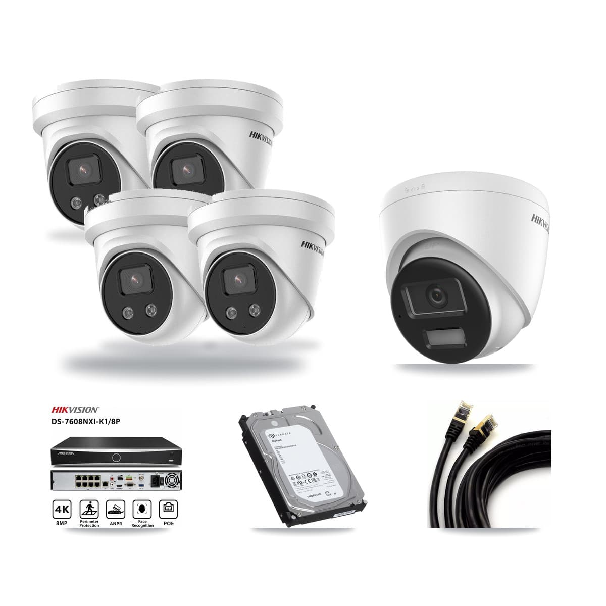 Hikvision 8-Channel 5MP – 4K CCTV Kit — 1 DS-2CD1383G2-LIU 4K + 4 DS-2CD3356G2-ISU 5MP Turret Cameras + 6TB Recording (DS-7608NXI-K1/8P Recorder) - Image 1