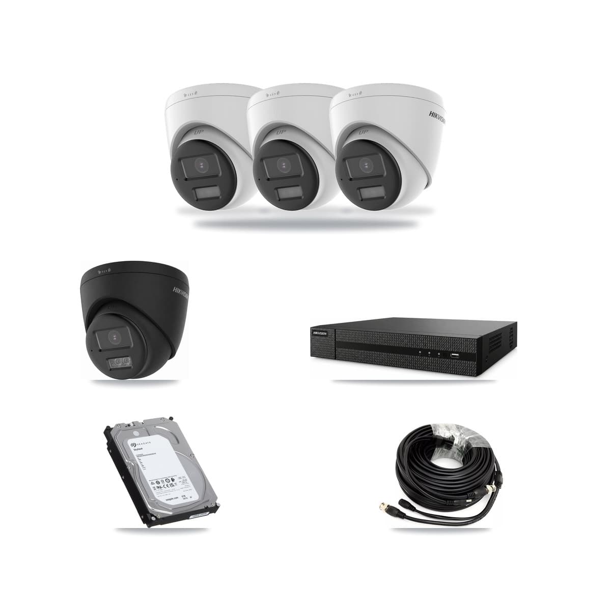 Hikvision 8-Channel 5MP – 4K CCTV Kit — 3 DS-2CE78K0T-LPTS 5MP + 1 Black DS-2CE78U0T-LTS-BLACK 4K Turret Cameras + 6TB Recording (DVR-8CH-HYL8MP Recorder) - Image 1