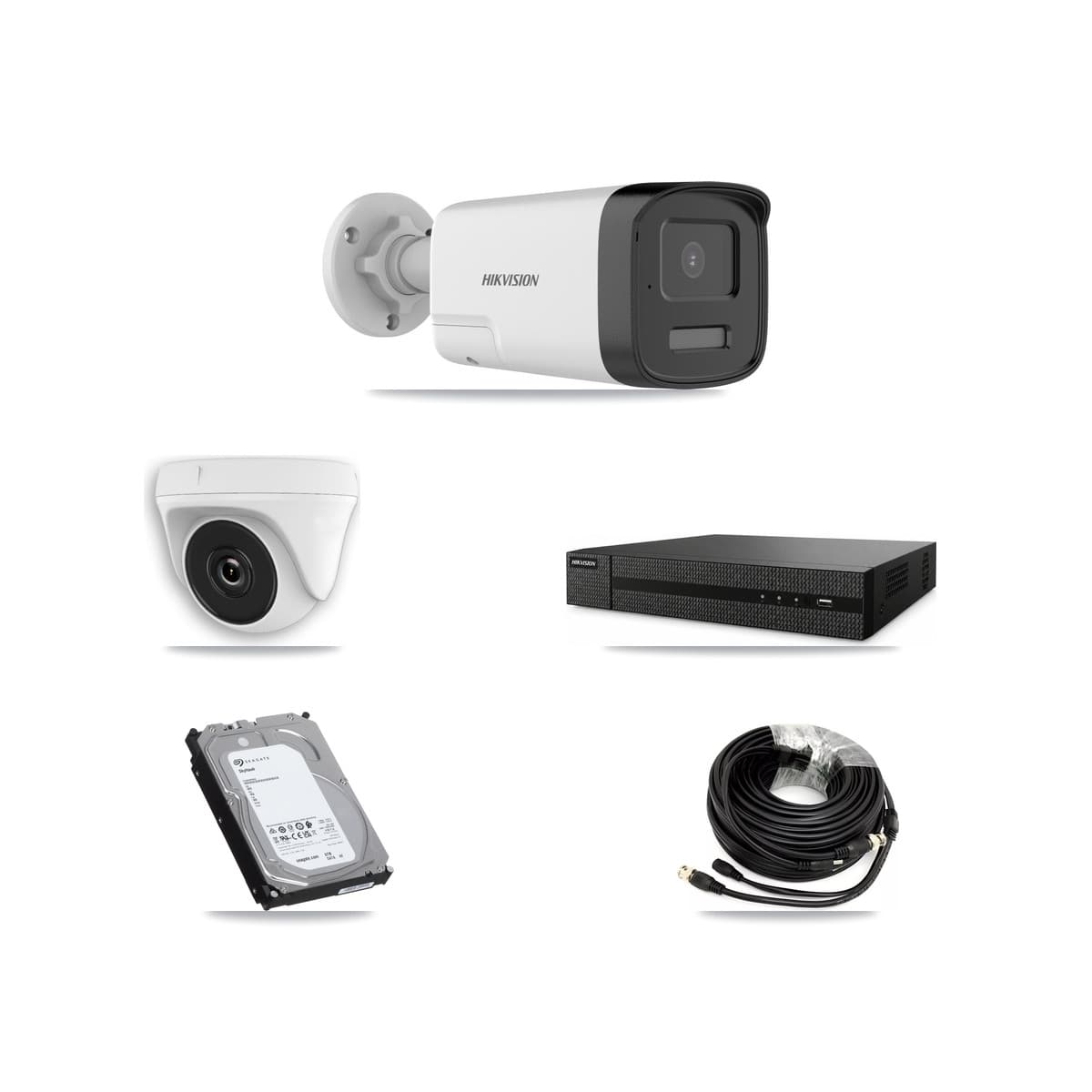 Hikvision 8-Channel 2MP – 5MP CCTV Kit — 3 DS-2CE17K0T 5MP Bullet + 1 White HDT-2MP-N20W 2MP Dome Cameras + 6TB Recording (DVR-8CH Recorder)