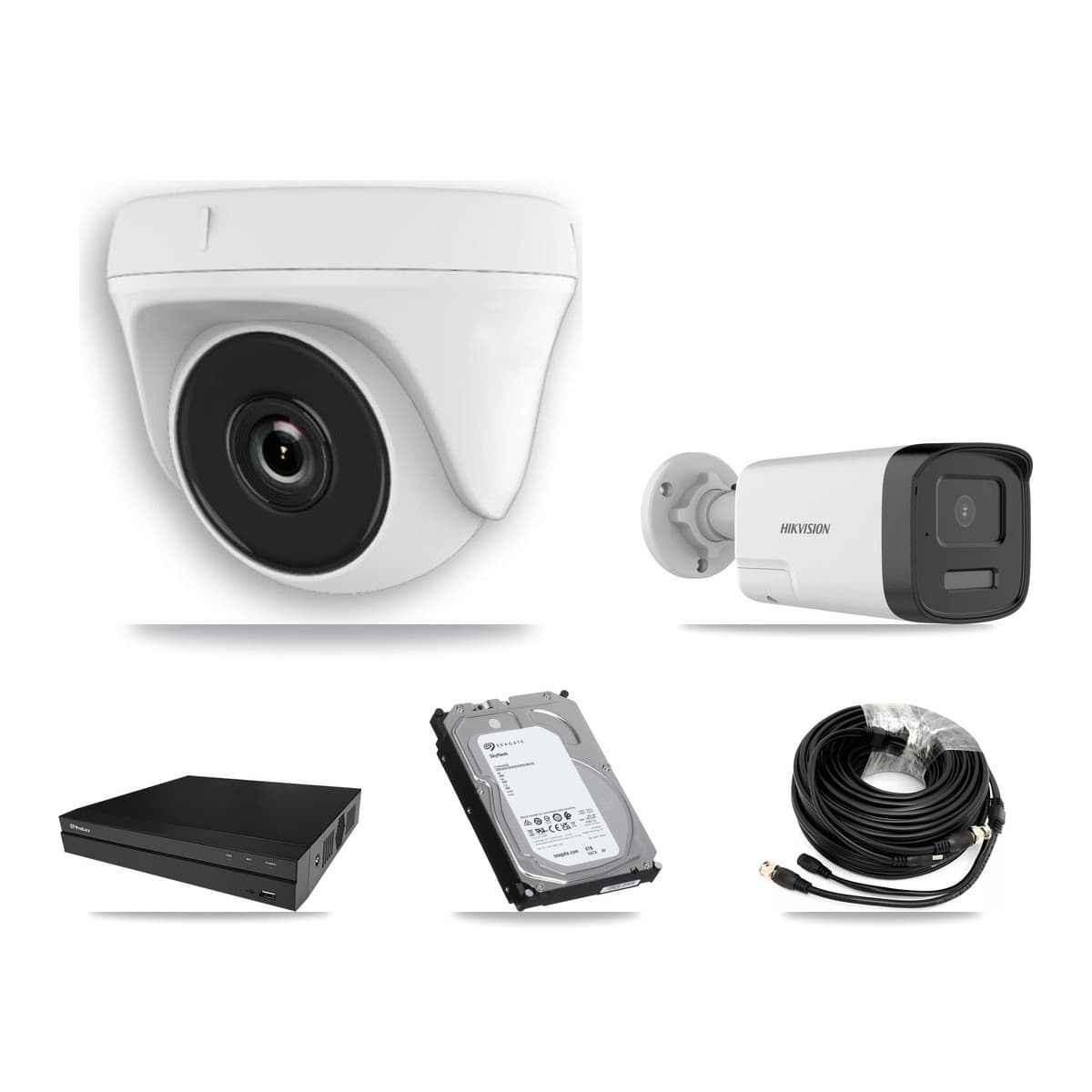 Hikvision & Prolux 8-Channel 2MP – 5MP CCTV Kit — 2 DS-2CE17K0T 5MP Bullet + 6 White HDT-2MP-N20W 2MP Dome Cameras + 6TB Recording