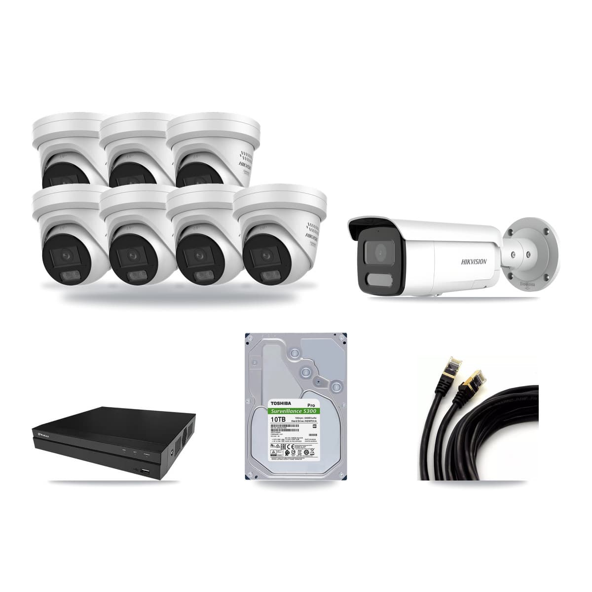 Hikvision & Prolux 8-Channel 4MP CCTV Kit — 7 DS-2CD2347G3 Turret + 1 DS-2CD2T47G2H Bullet Cameras + 10TB Recording - Image 1