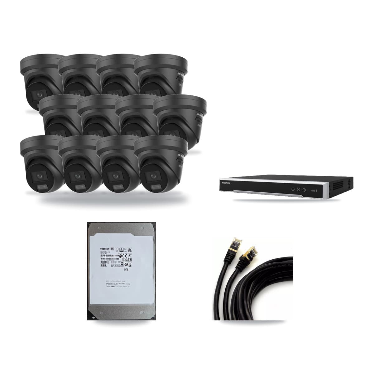 Hikvision 16-Channel 4K CCTV Kit — 12 Black Turret Cameras + 14TB Recording (DS-7616NI-M2 Recorder) - Image 1