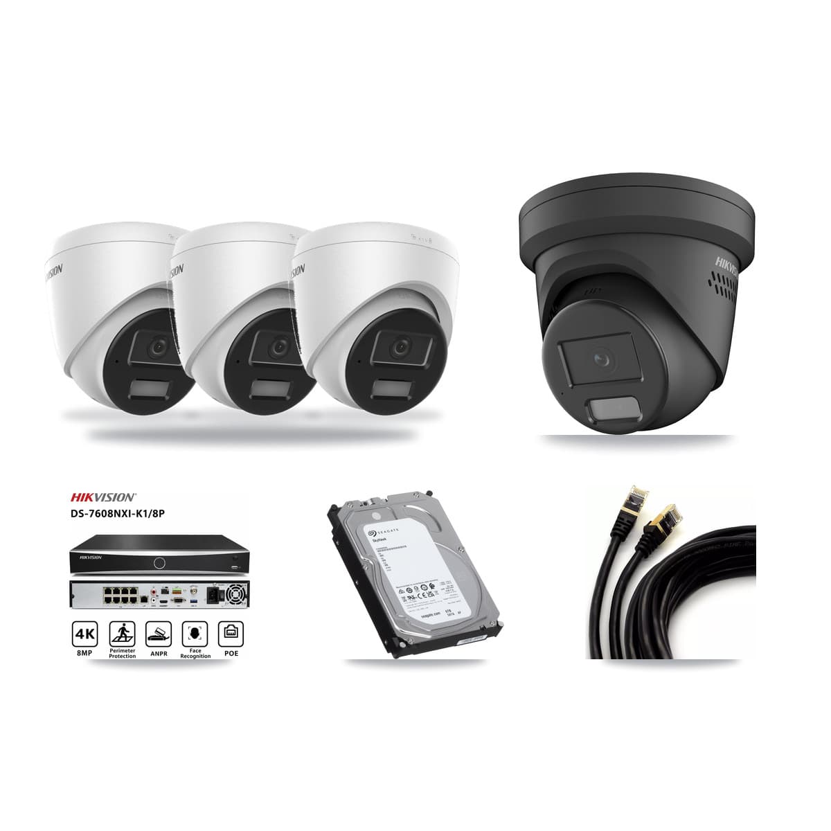 Hikvision 8-Channel 4MP CCTV Kit — 3 DS-2CD1343G2 + 1 Black DS-2CD2347G2 Turret Cameras + 6TB Recording (DS-7608NXI Recorder) - Image 1