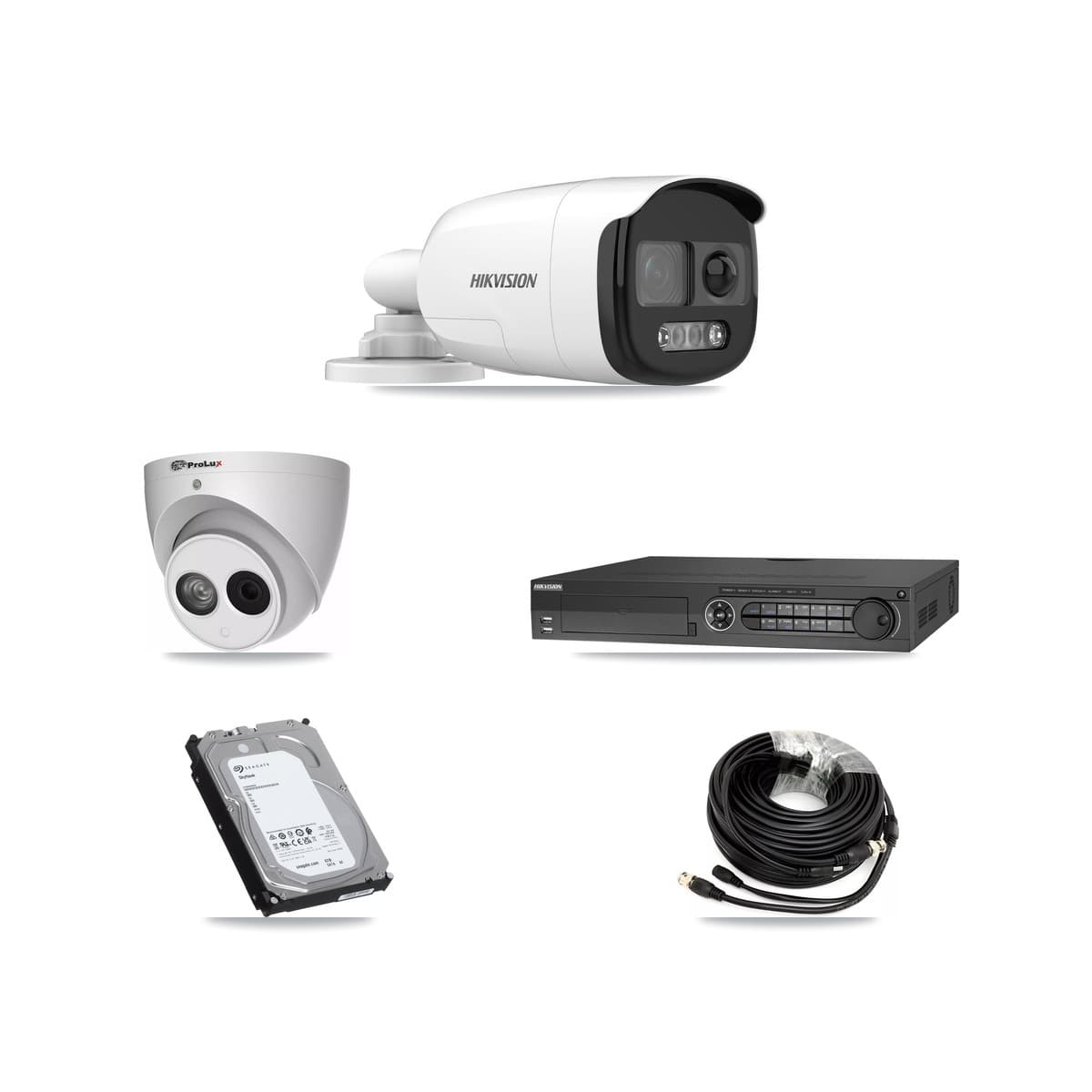 Hikvision & Prolux 32-Channel 4MP – 5MP CCTV Kit — 7 DS-2CE12KF3T 5MP Bullet + 1 PXC-612C4W-A 4MP Turret Cameras + 2× 6TB Recording