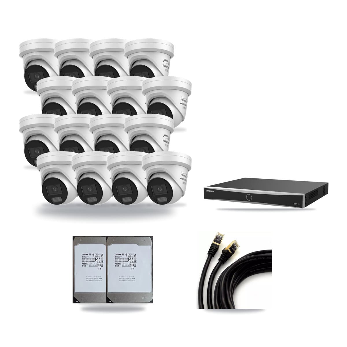 Hikvision 16-Channel 4MP CCTV Kit — 16 DS-2CD2347G3 Turret Cameras + 2× 14TB Recording (DS-7616NXI Recorder) - Image 1
